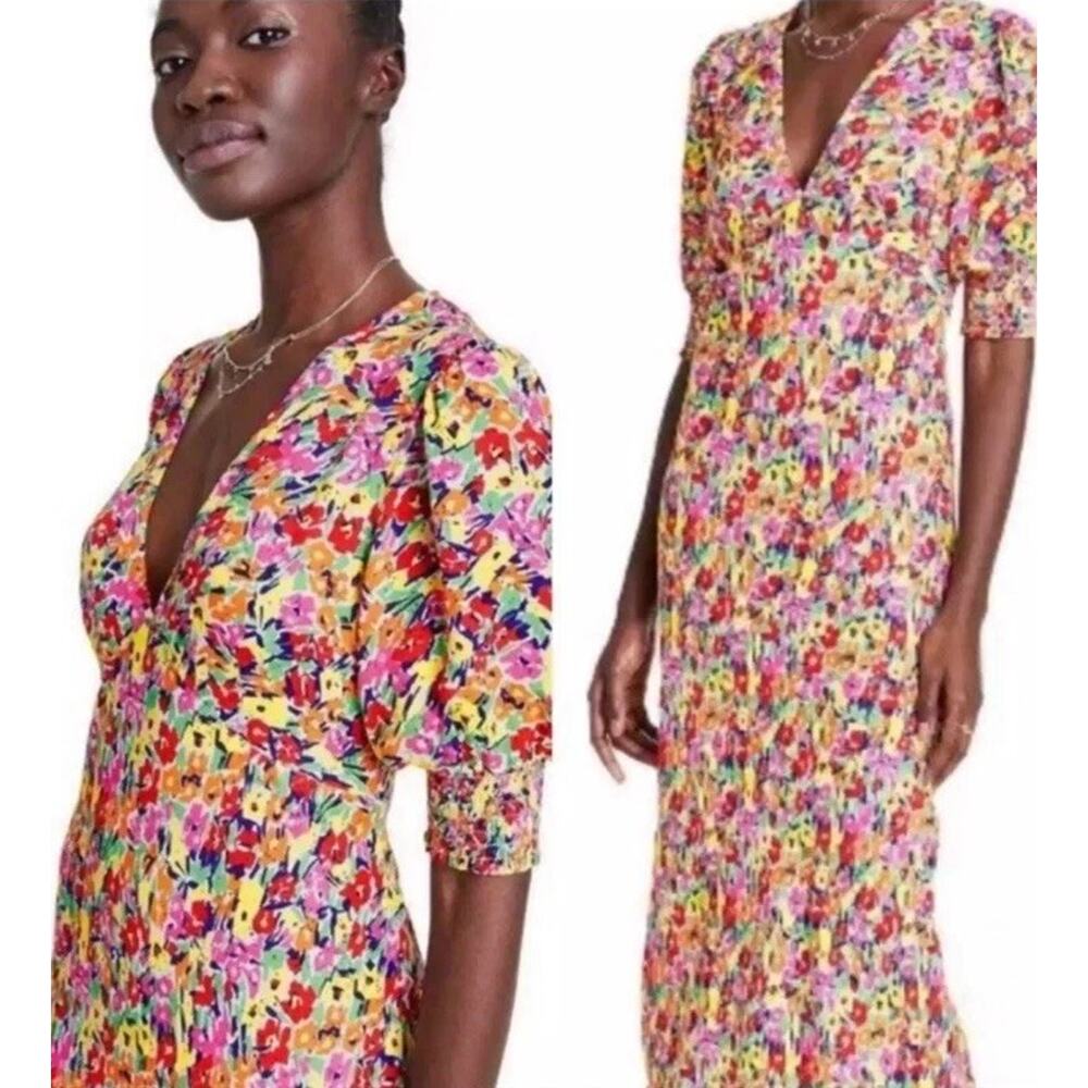 Rixo Dress Womens Size 4 Multicolor Floral Midi Puff Sleeve Viscose Summer Boho